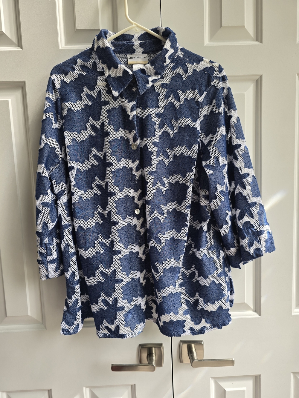 Alfred Dunner Navy Blue Floral Mesh Button-Front Top